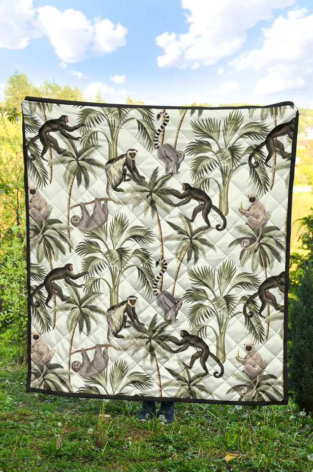 Monkey Sloth Lemur Palm Trees Pattern Premium Quilt