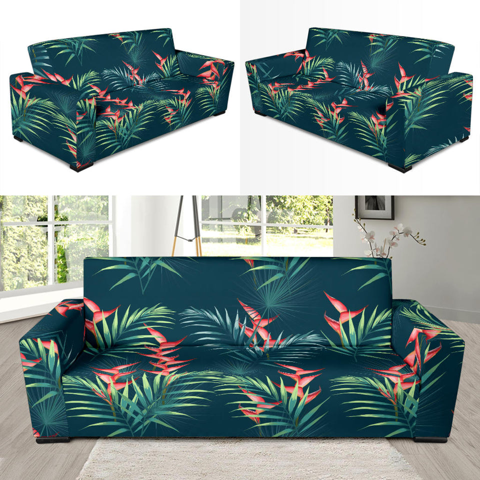 Heliconia Flowers, Palm And Monstera Leaves On Black Background Pattern Sofa Slipcover