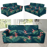 Heliconia Flowers, Palm And Monstera Leaves On Black Background Pattern Sofa Slipcover