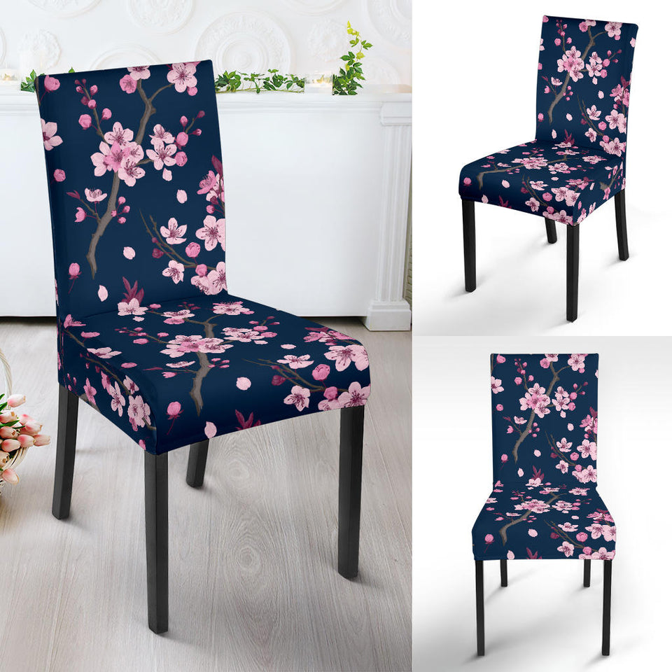 Pink Sakura Cherry Blossom Blue Background Dining Chair Slipcover