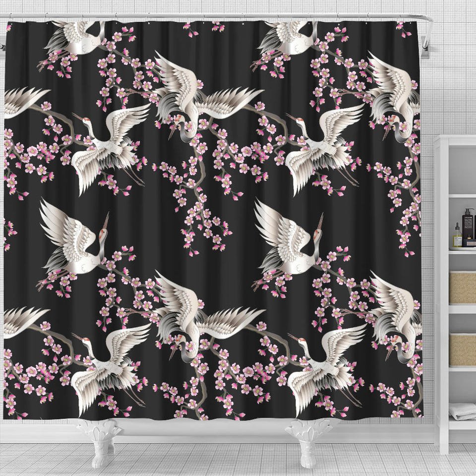 Japanese Crane Pink Sakura Pattern Shower Curtain Fulfilled In US