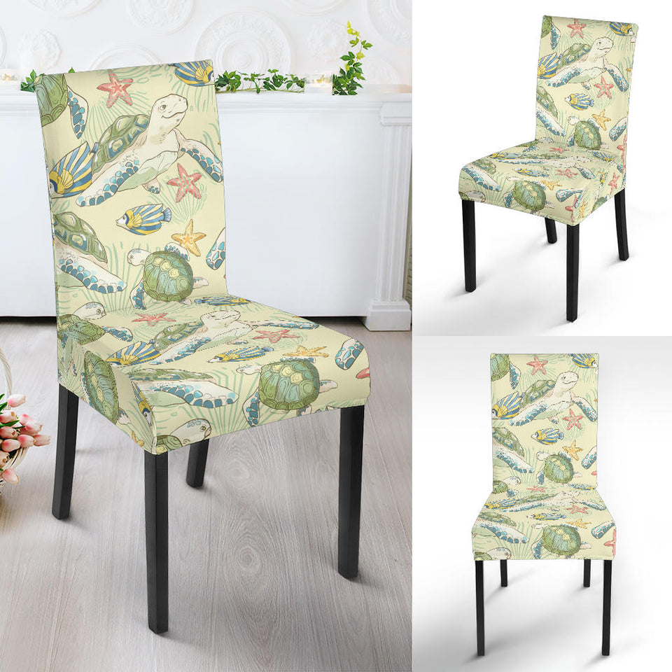 Hand Drawn Sea Turtle Fish Pattern Dining Chair Slipcover