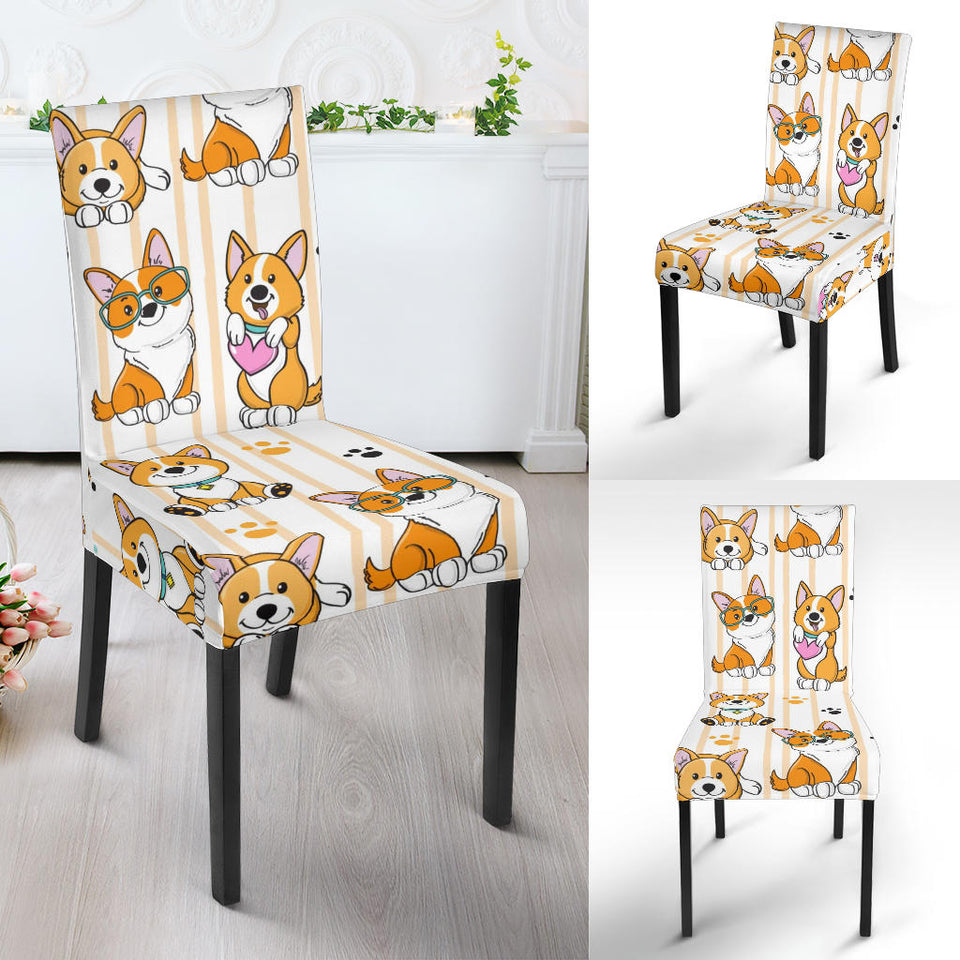 Cute Dog Corgi Striped Background Pattern Dining Chair Slipcover