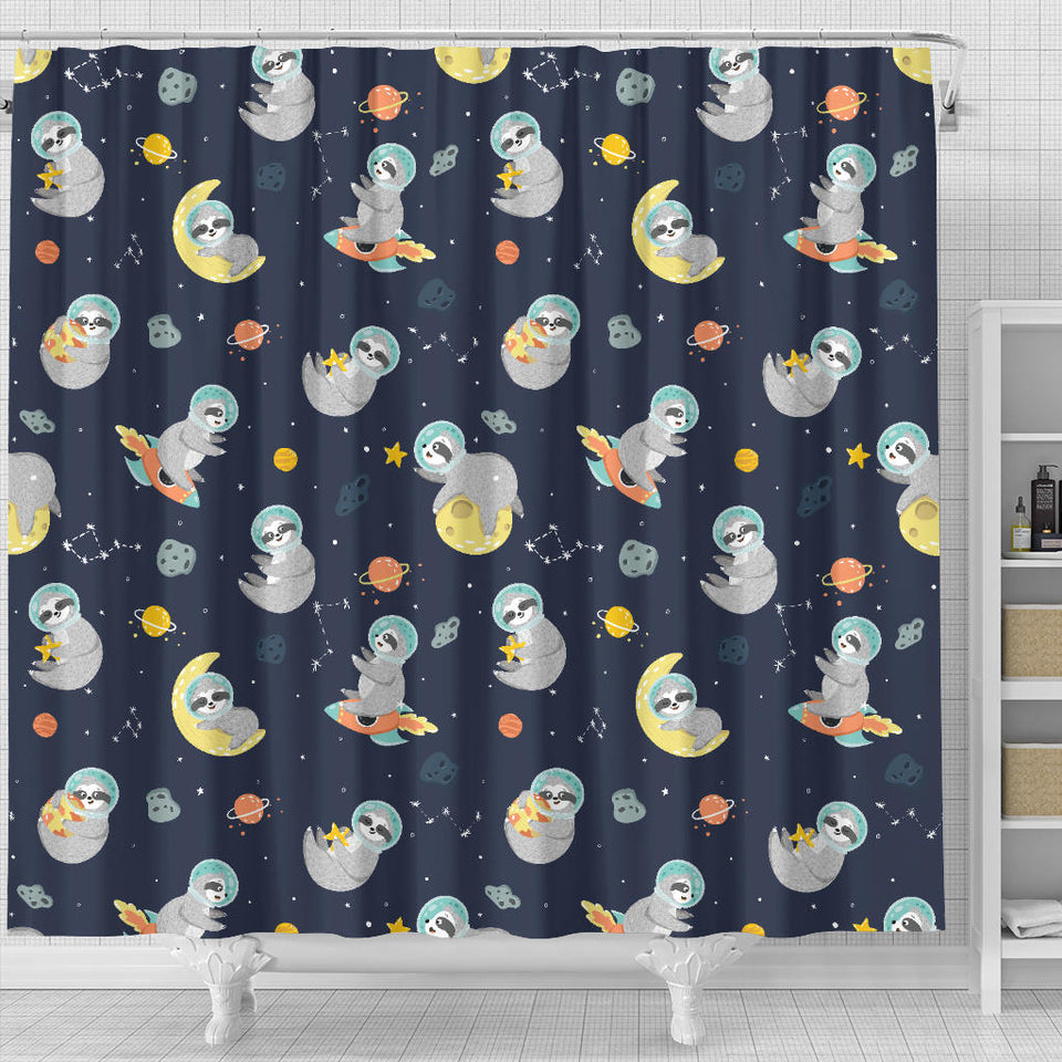 Cute Sloth Astronaut Star Planet Rocket Pattern Shower Curtain Fulfilled In US