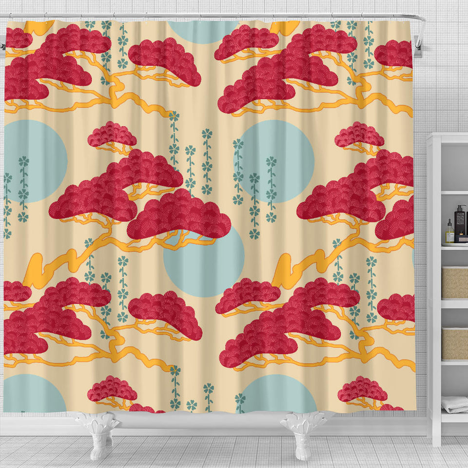 Red Bonsai Gray Sun Japanese Pattern Shower Curtain Fulfilled In US