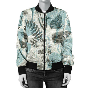 Dragonfly Butterfly Plants Insect Flower Vintage Style Pattern Women'S Bomber Jacket