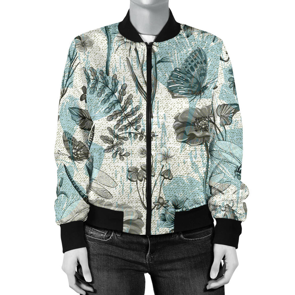 Dragonfly Butterfly Plants Insect Flower Vintage Style Pattern Women'S Bomber Jacket