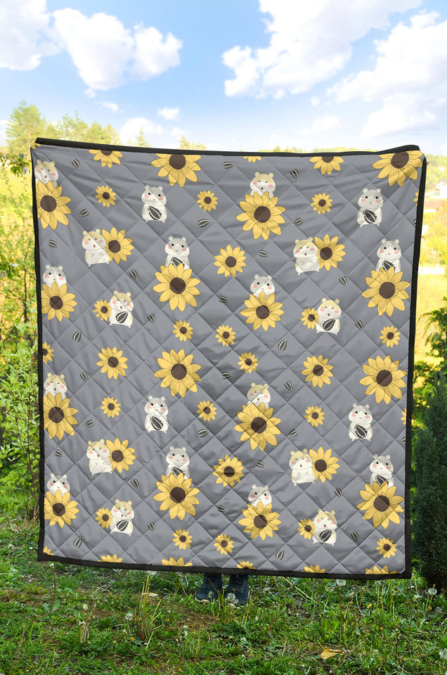 Cute Hamster Sunflower Pattern Background Premium Quilt