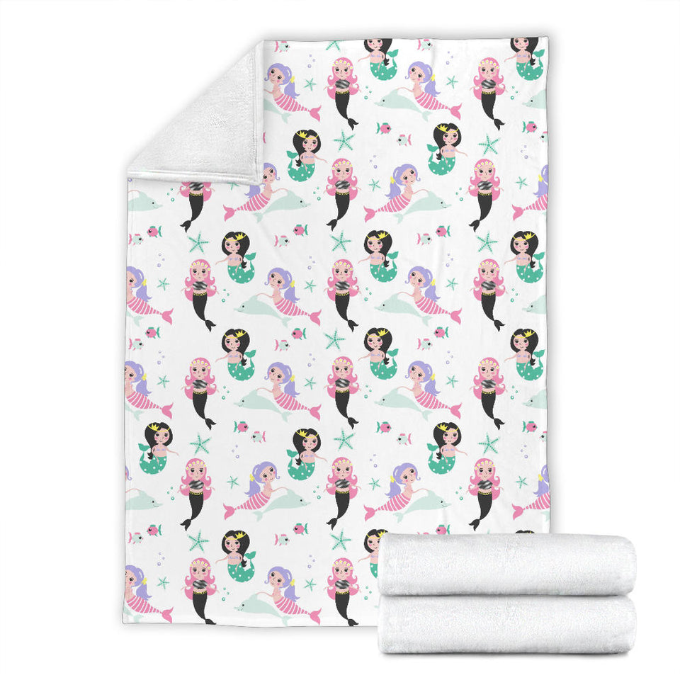 Cute Mermaid Dolphin Fish Starfish Pattern Premium Blanket