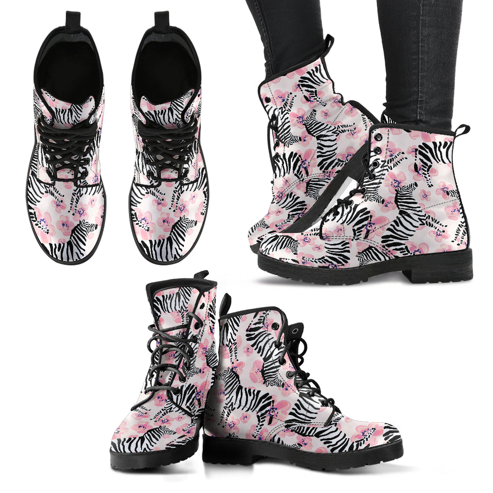 Zebra Pink Flower Background Leather Boots
