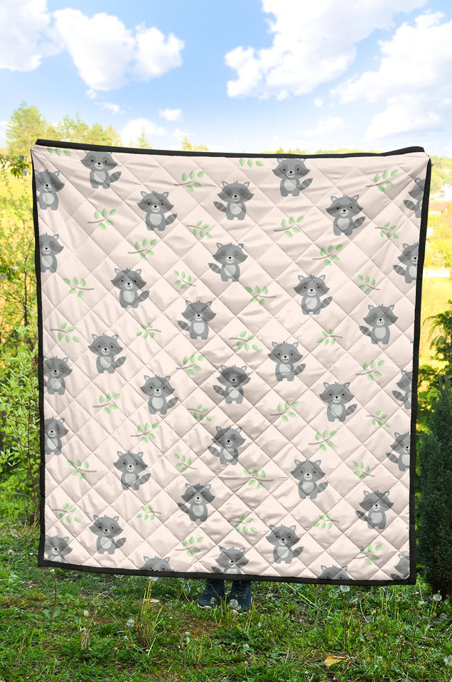 Cute Raccoons Leaves Pattern Premium Quilt
