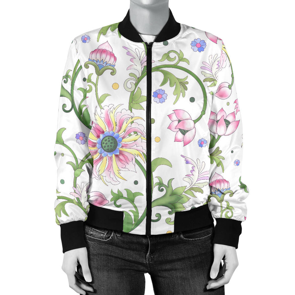 Beautiful Pink Lotus Waterlily Leaves Pattern Women'S Bomber Jacket