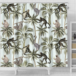 Monkey Sloth Lemur Palm Trees Pattern Shower Curtain Fulfilled In US