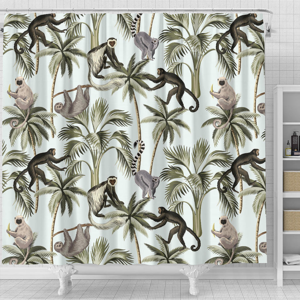 Monkey Sloth Lemur Palm Trees Pattern Shower Curtain Fulfilled In US