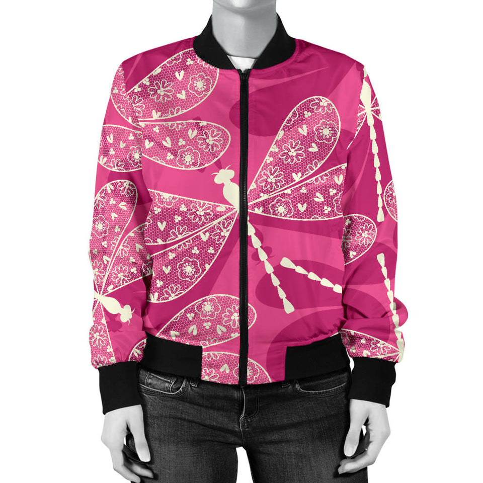 Beautiful Dragonfly Pink Background Women'S Bomber Jacket