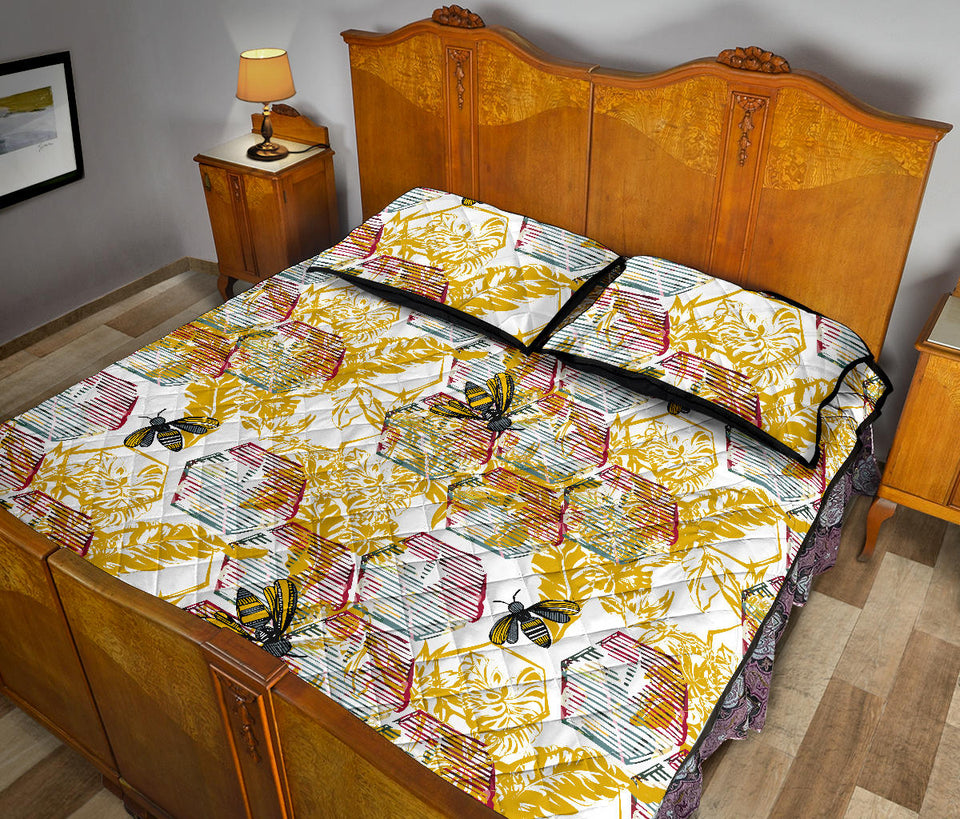 Cool Bee honeycomb leaves pattern Quilt Bed Set