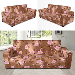 Pink Sakura Cherry Blossom Drak Brown Background Sofa Slipcover