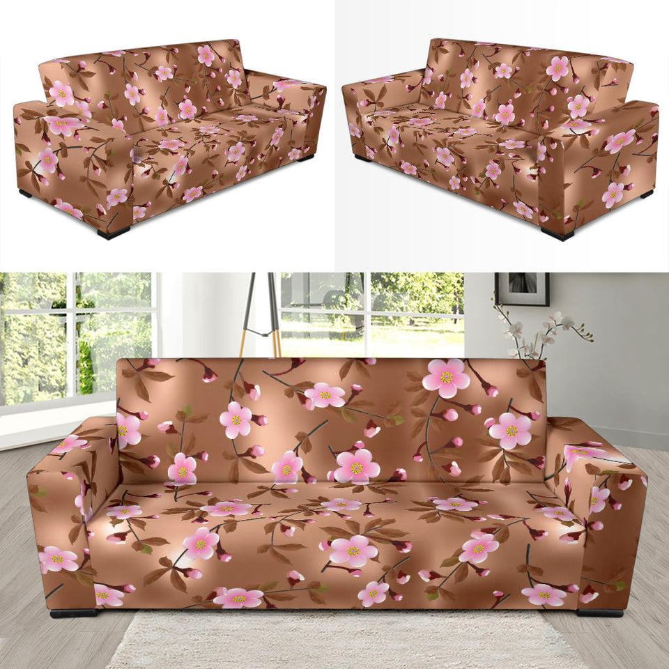 Pink Sakura Cherry Blossom Drak Brown Background Sofa Slipcover