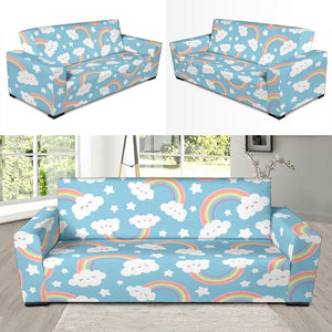 Cute Rainbow Clound Star Pattern Blue Background Sofa Slipcover
