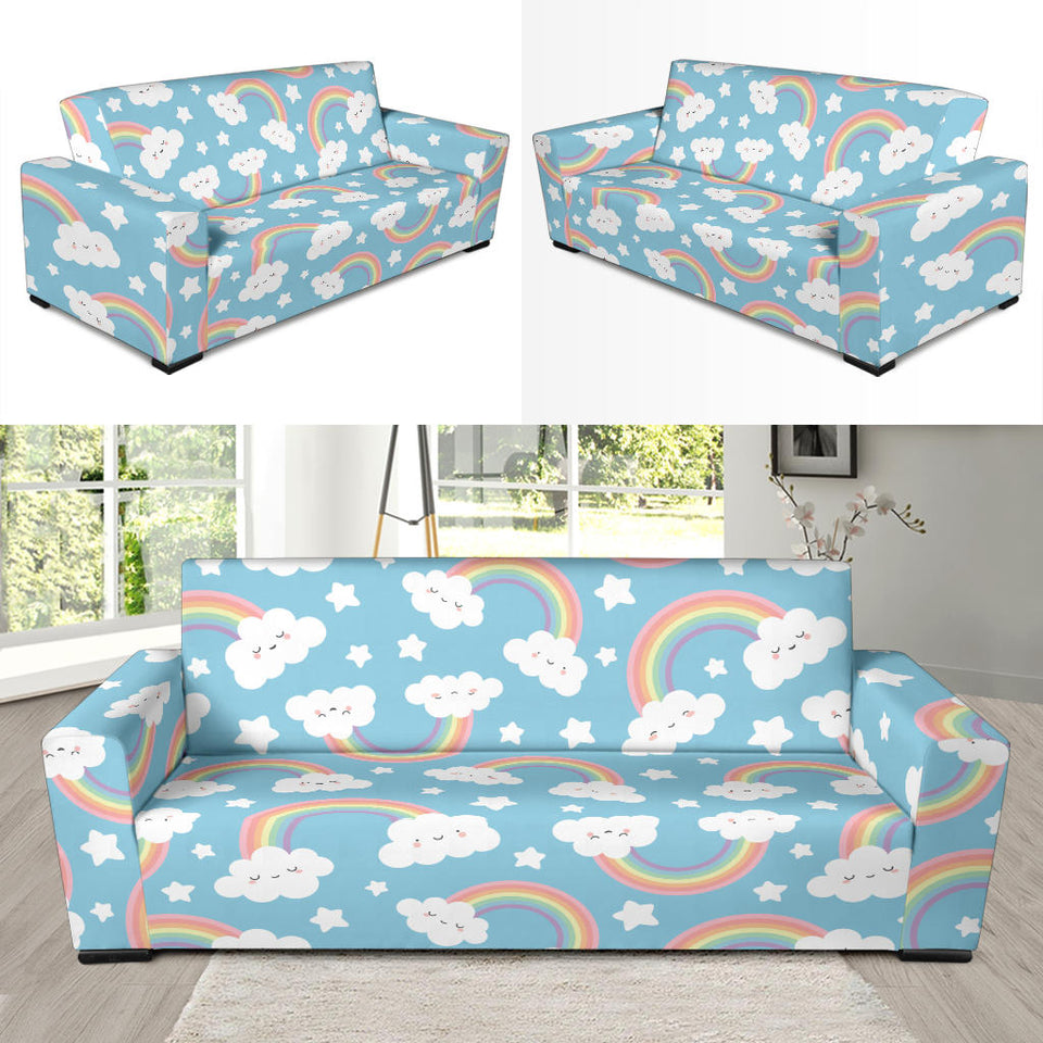 Cute Rainbow Clound Star Pattern Blue Background Sofa Slipcover