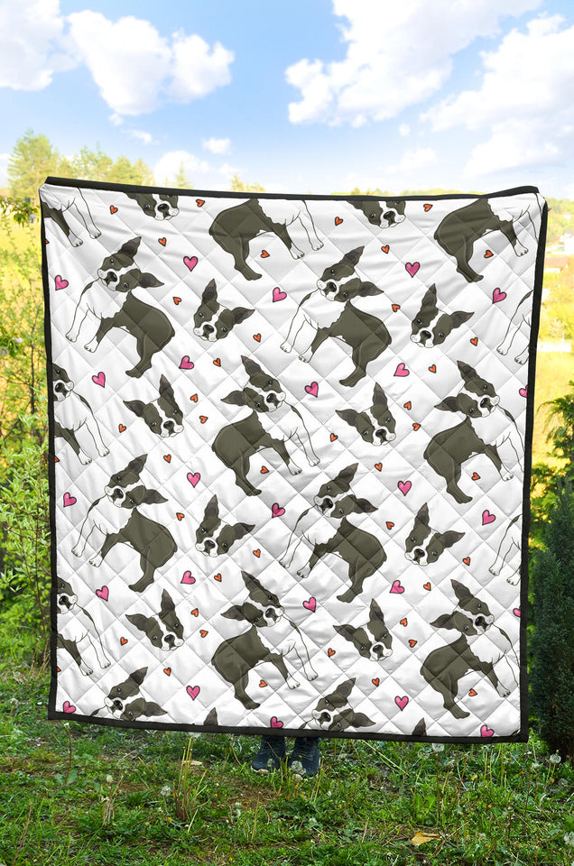 Boston Terrier Dog Hearts Vector Pattern Premium Quilt