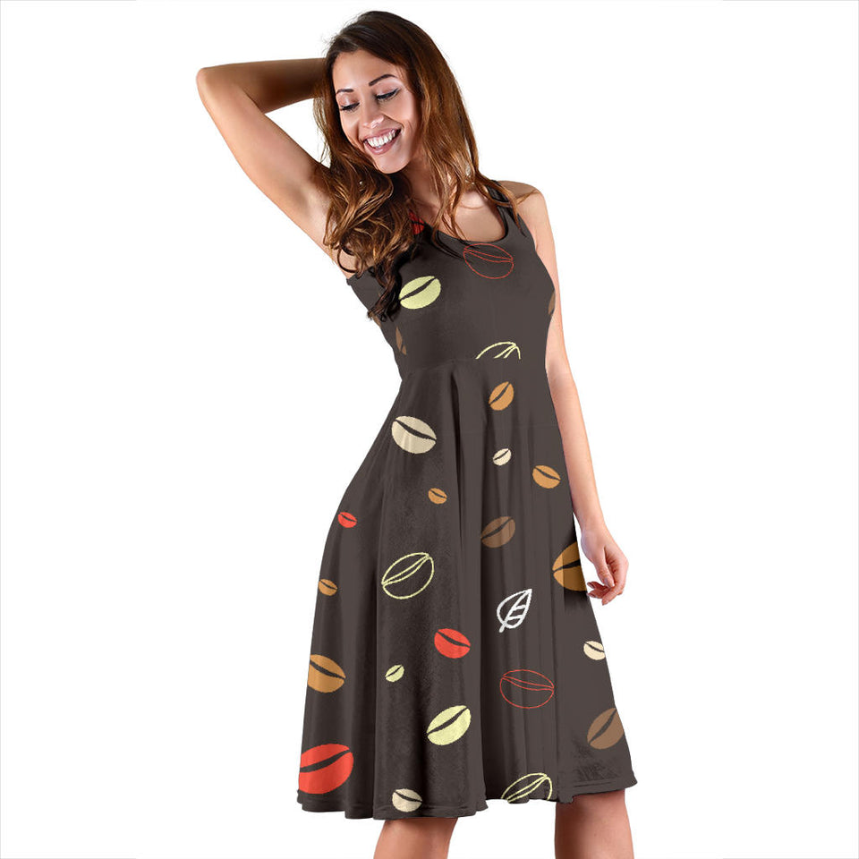 Coffee Bean Leave Pattern Sleeveless Midi Dress