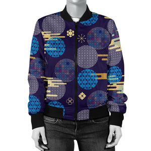 Blue Japanese Pattern Cloud Wave Flower Women'S Bomber Jacket
