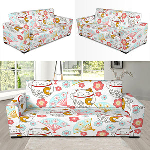 Maneki Neko Lucky Cat Fan Sakura Sofa Slipcover