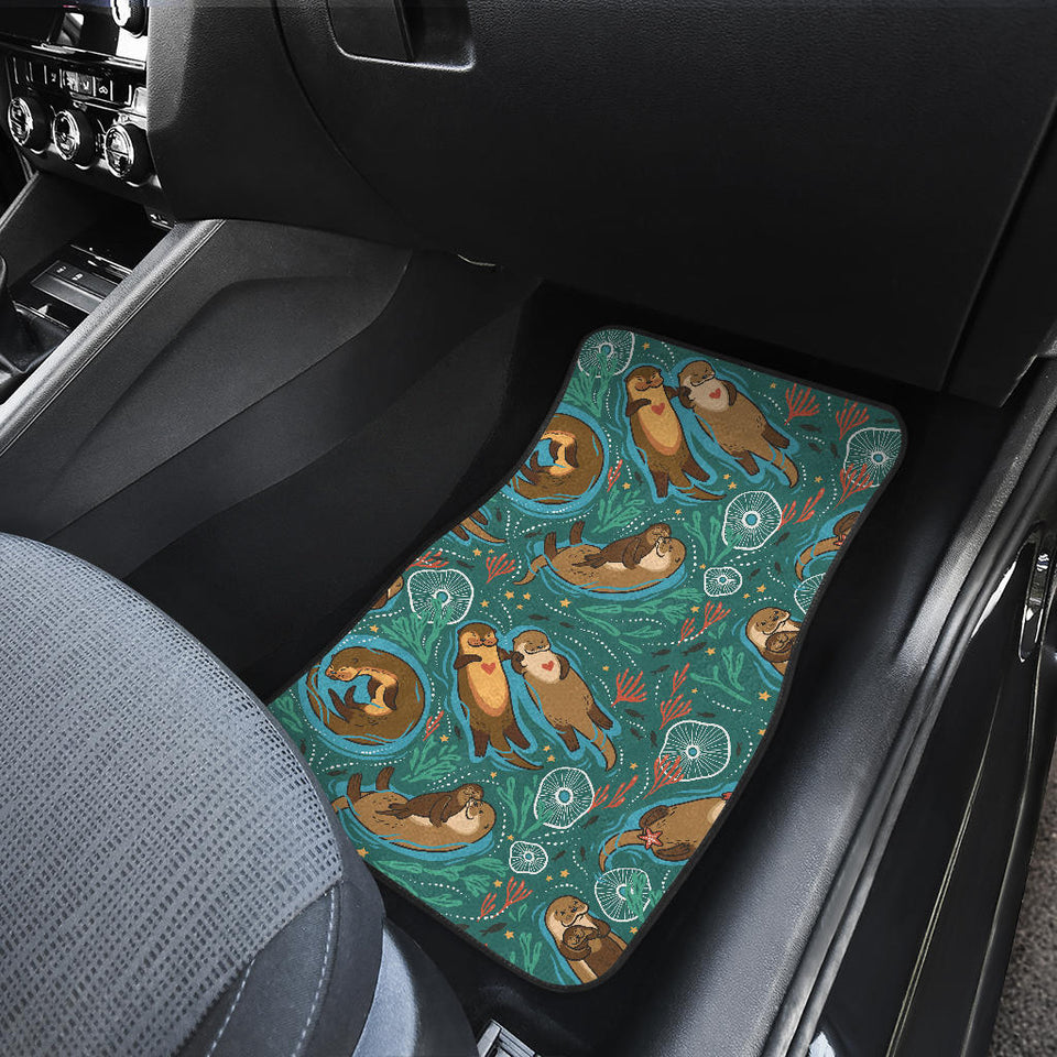Cute Brown Sea Otters Ornamental Seaweed Corals Green Water Front Car Mats