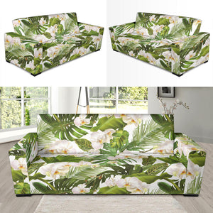 White Orchid Flower Tropical Leaves Pattern Sofa Slipcover