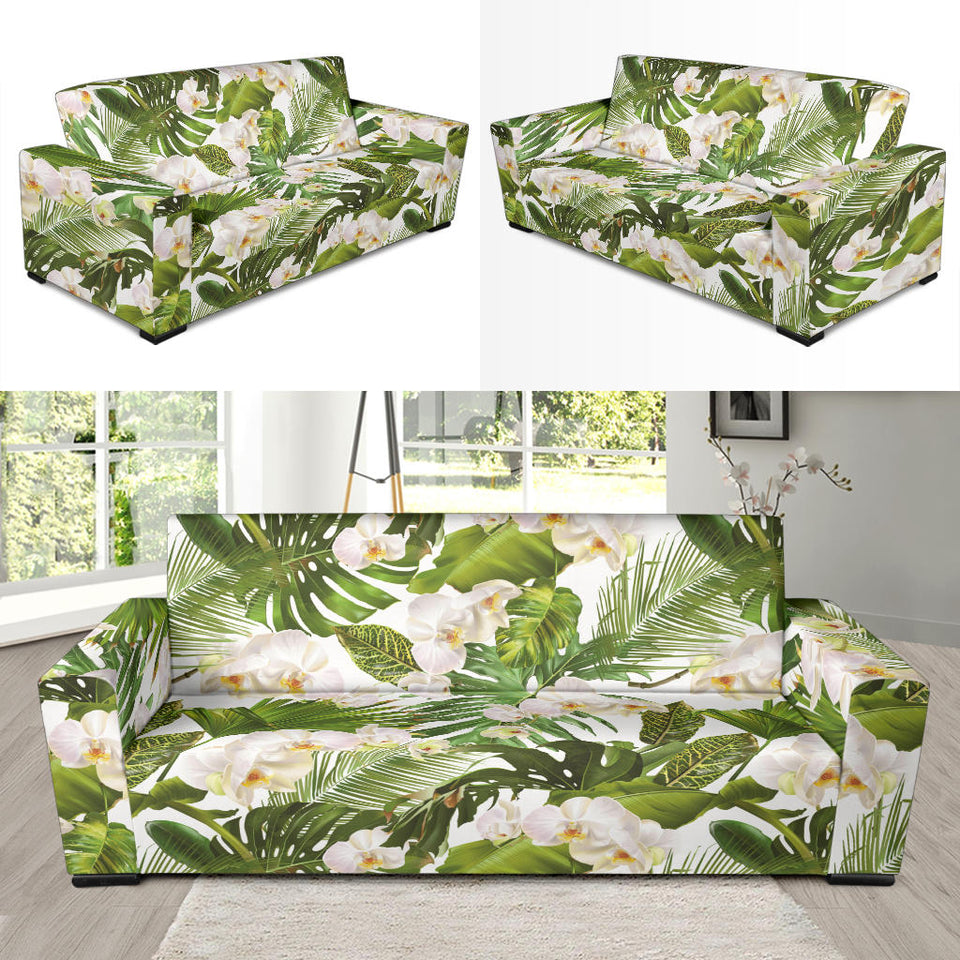 White Orchid Flower Tropical Leaves Pattern Sofa Slipcover