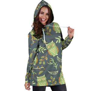 Cute Owls Leaves Pattern Women'S Hoodie Dress