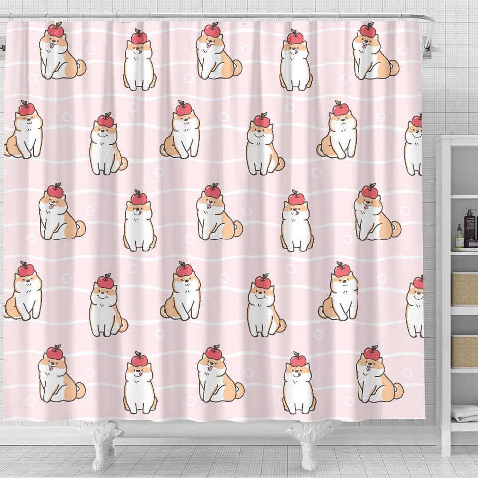 Cute Shiba Inu Dog Apple Pattern Shower Curtain Fulfilled In US