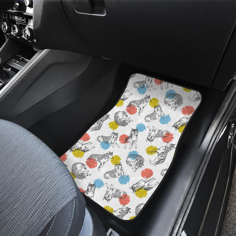 Siberian Husky And Colorful Circle Pattern Front Car Mats
