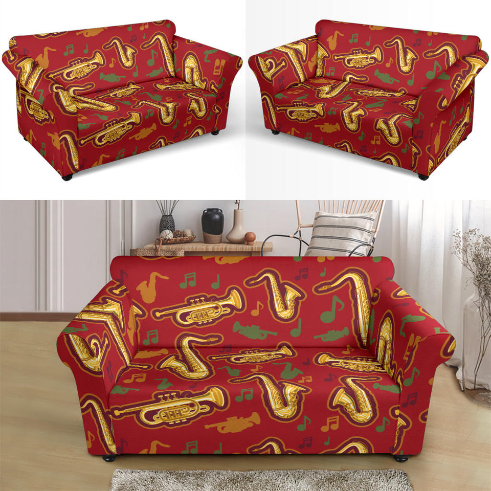 Saxophone Cornet Pattern Red Background Loveseat Couch Slipcover