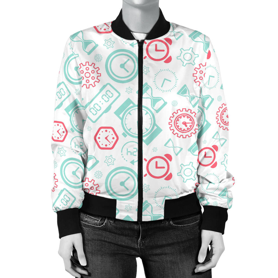 Clock Time Pattern Blackground Women'S Bomber Jacket