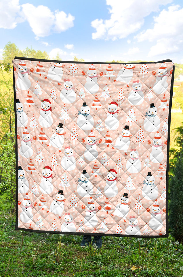Cute Snowman Christmas Tree Snowpink Background Premium Quilt