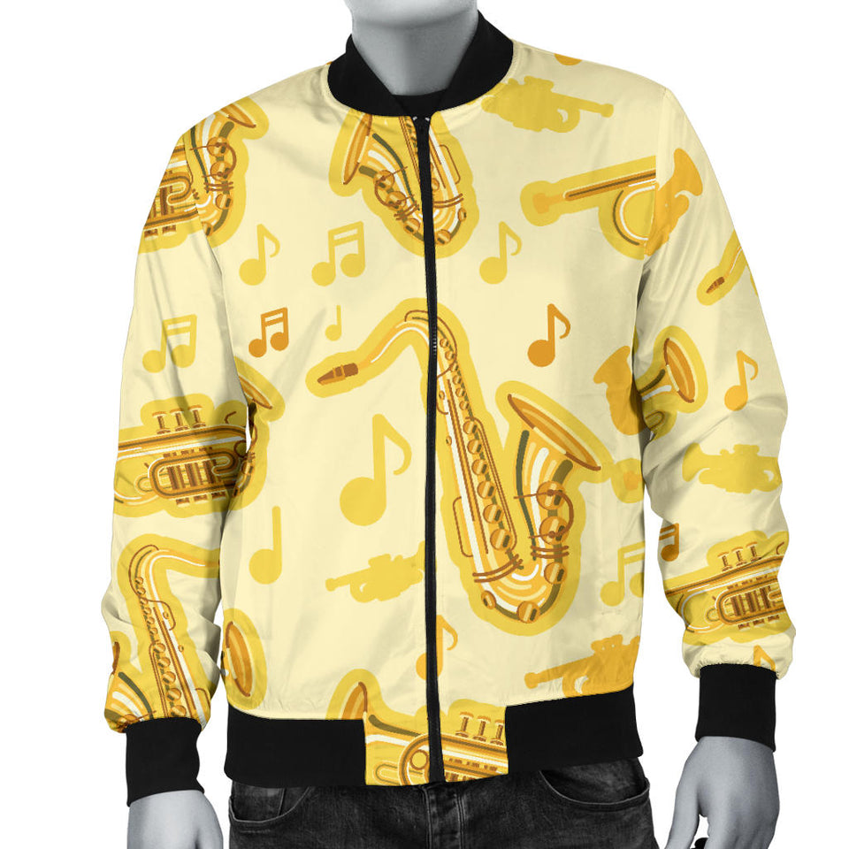 Saxophone Cornet Pattern Yellow Background Men'S Bomber Jacket