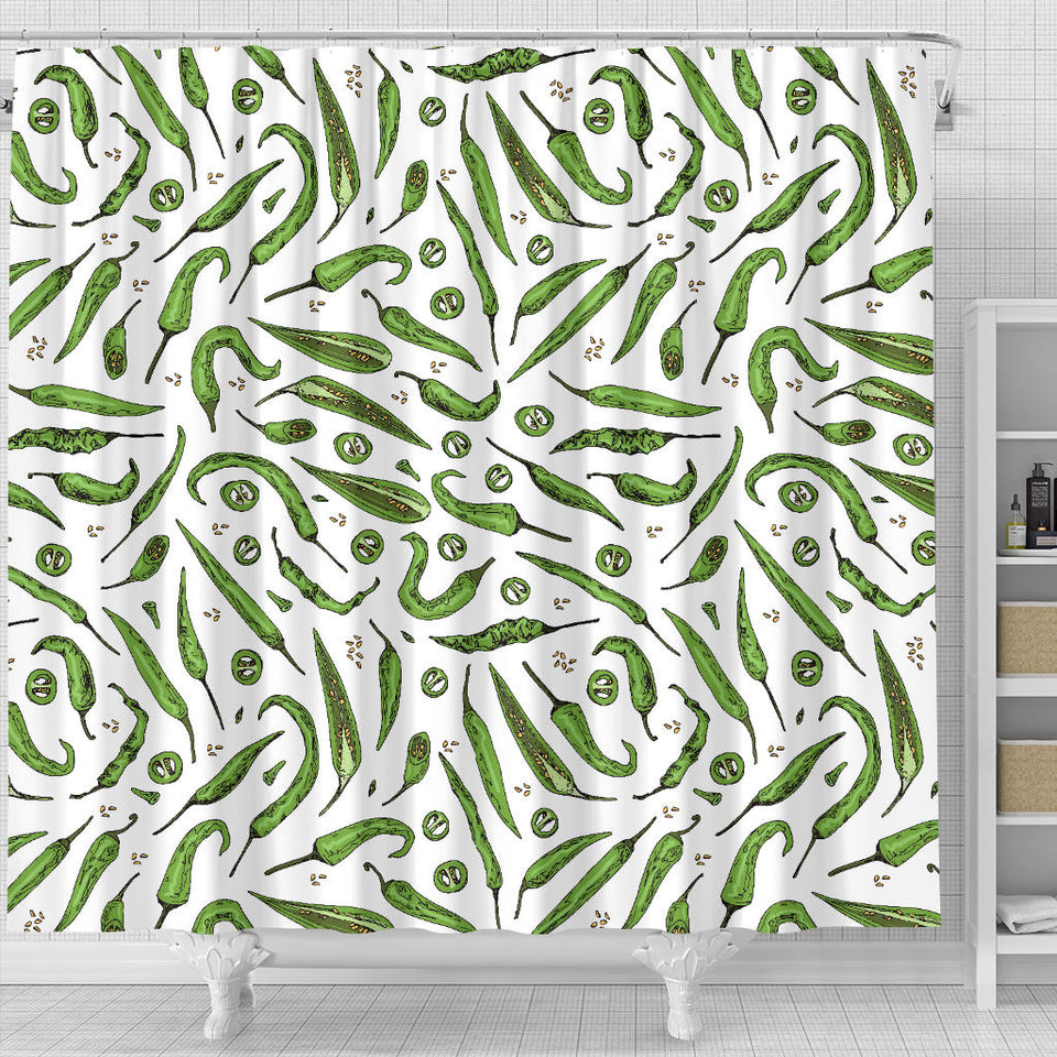 Hand Drawn Sketch Style Green Chili Peppers Pattern Shower Curtain Fulfilled In US