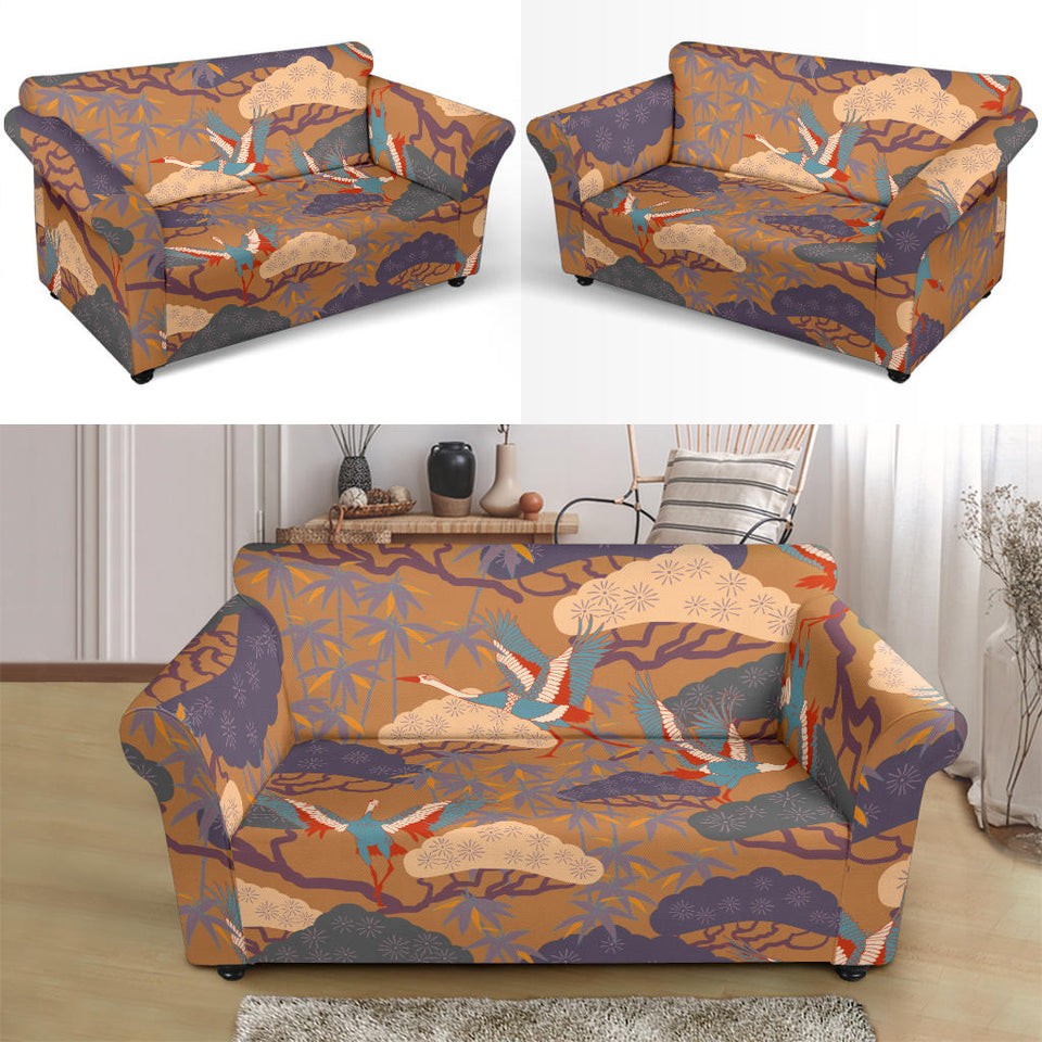 Bonsai Bamboo Stork Japanese Pattern Brown Theme Loveseat Couch Slipcover