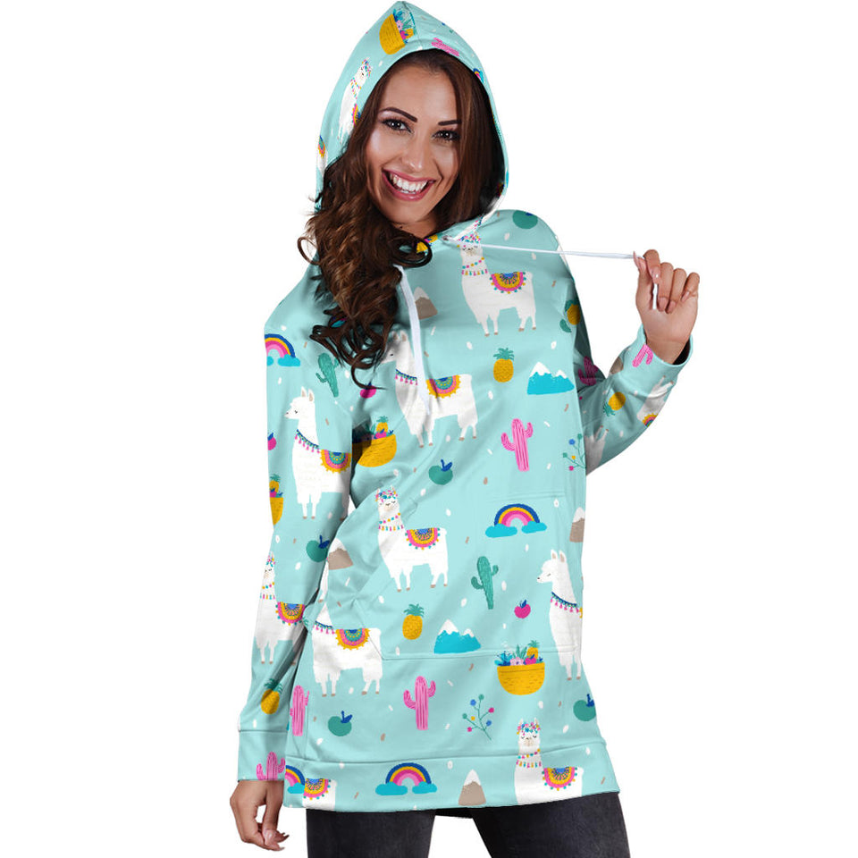 Llama Alpaca Cactus Leaves Pattern Women'S Hoodie Dress