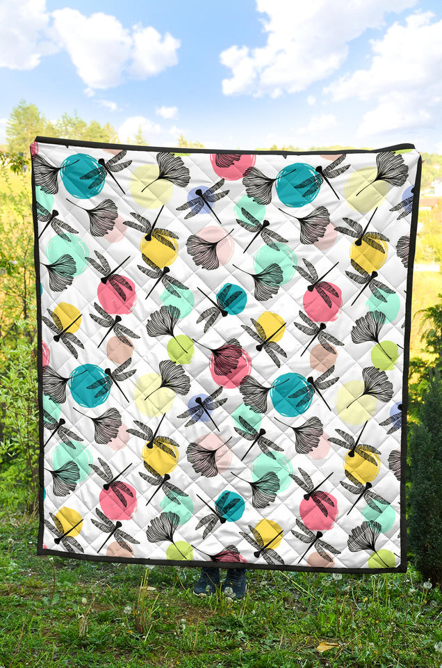 Dragonflies Ginkgo Leaves Pattern Premium Quilt