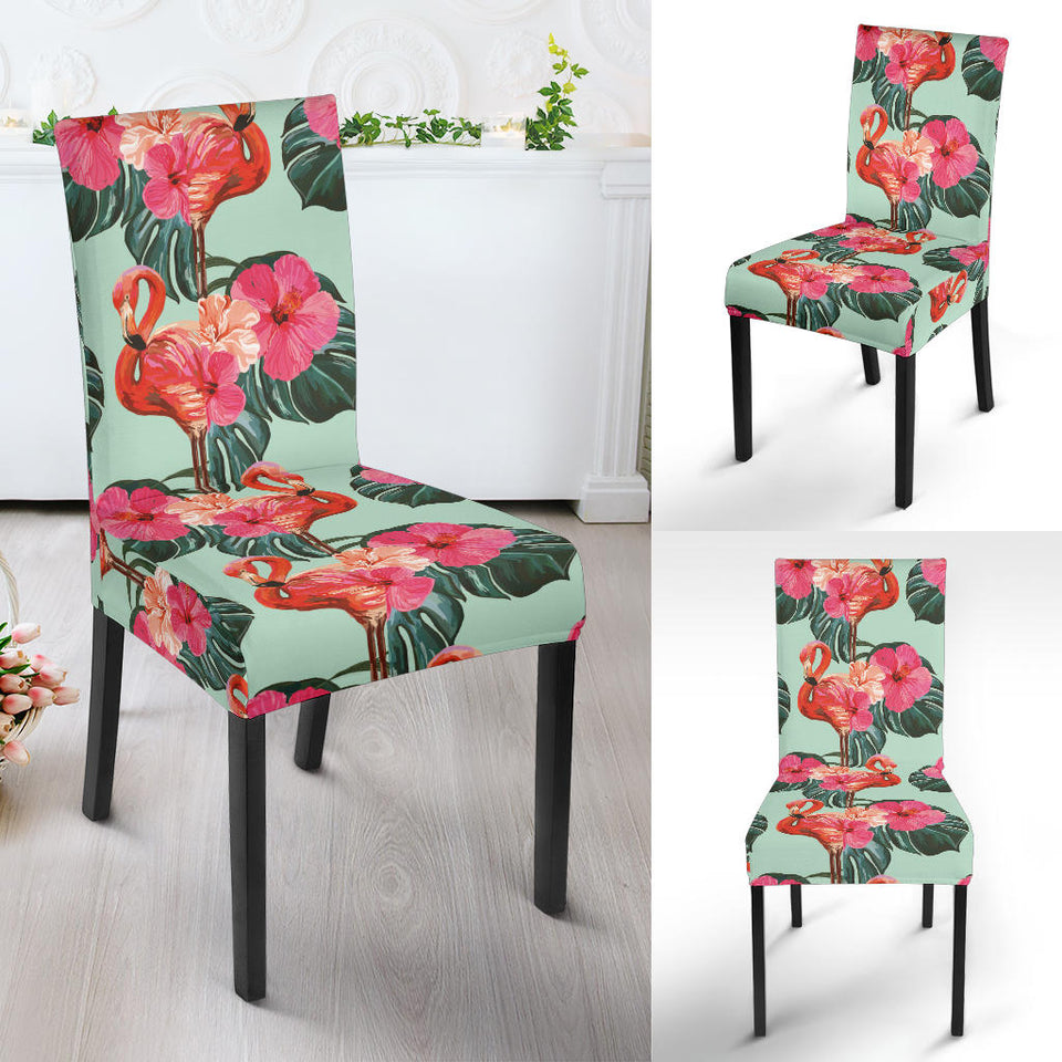 Beautiful Flamingo Tropical Palm Leaves Hibiscus Pateern Background Dining Chair Slipcover
