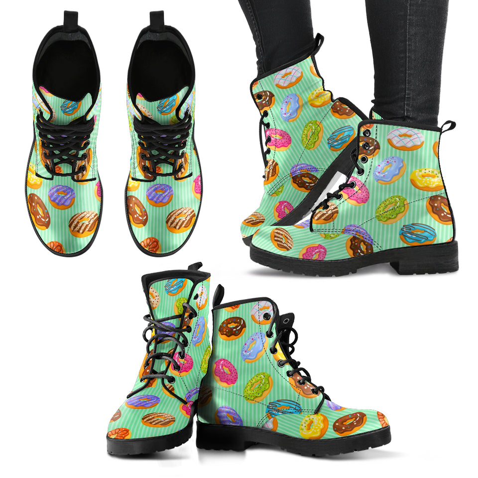 Colorful Donut Pattern Green Background Leather Boots