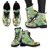 Colorful Donut Pattern Green Background Leather Boots