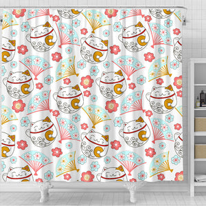 Maneki Neko Lucky Cat Fan Sakura Shower Curtain Fulfilled In US