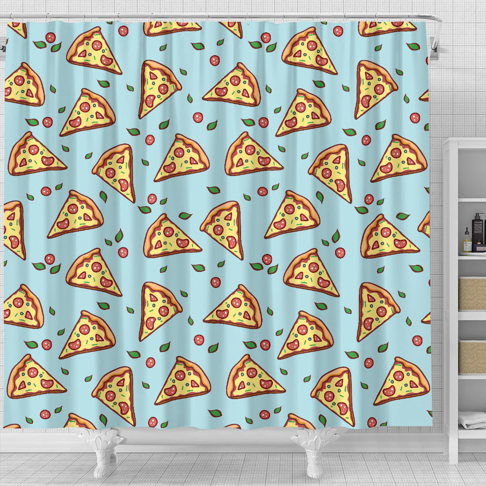 Hand Drawn Pizza Blue Background Shower Curtain Fulfilled In US