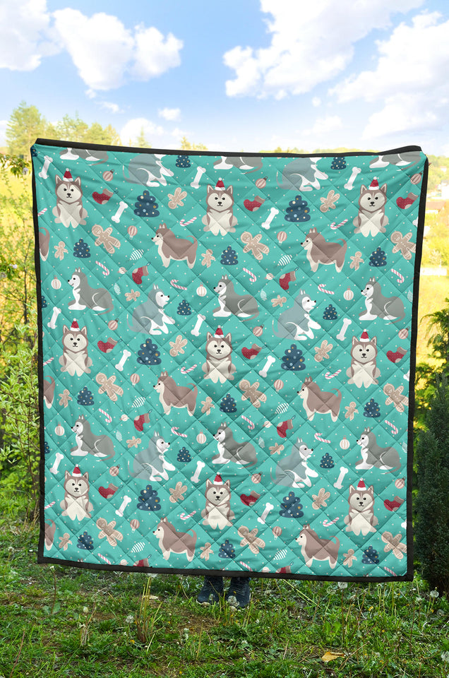 Christmas Cute Siberian Husky Puppie Pattern Premium Quilt