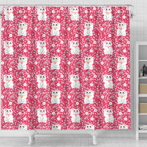 Maneki Neko Lucky Cat Sakura Pink Background Shower Curtain Fulfilled In US