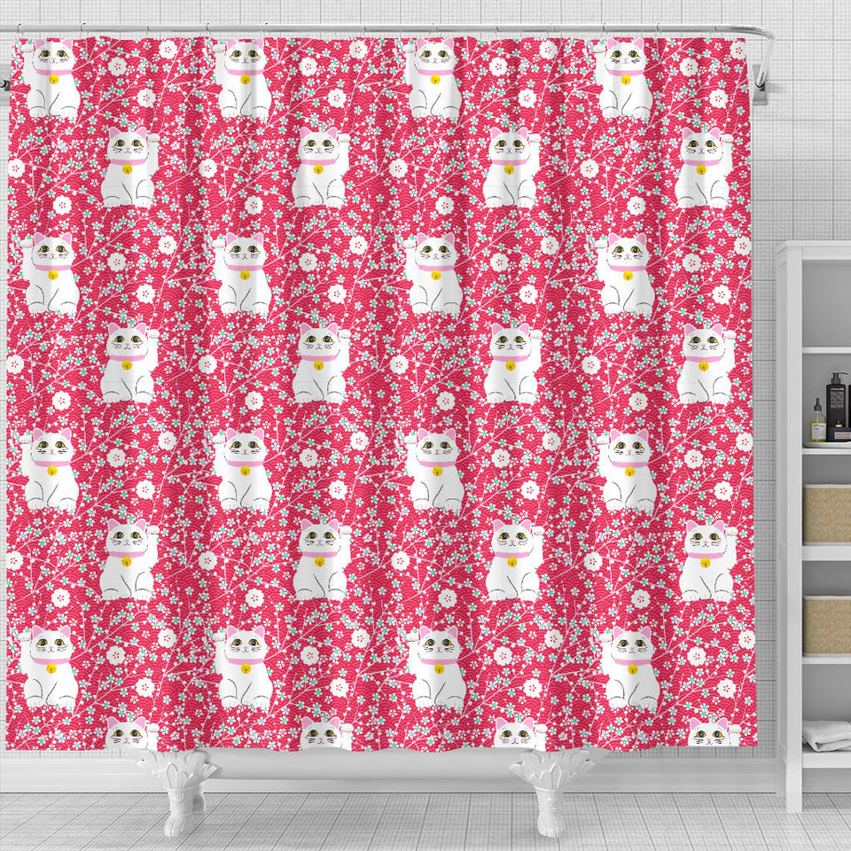Maneki Neko Lucky Cat Sakura Pink Background Shower Curtain Fulfilled In US